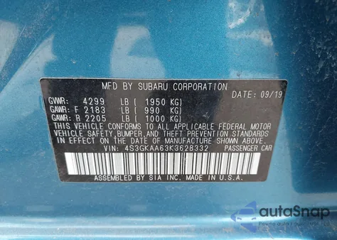 2019 Subaru Impreza 2.0I z USA, uszkodzony, nr VIN 4S3GKAA63K3628332